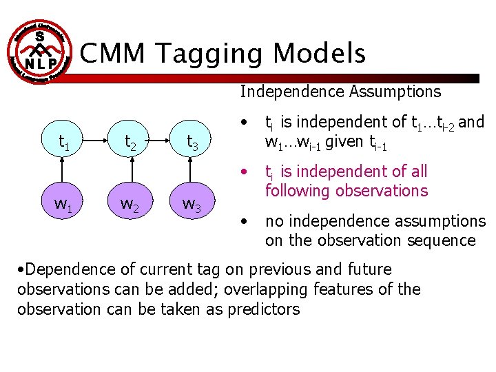 CMM Tagging Models Independence Assumptions t 1 w 1 t 2 w 2 t