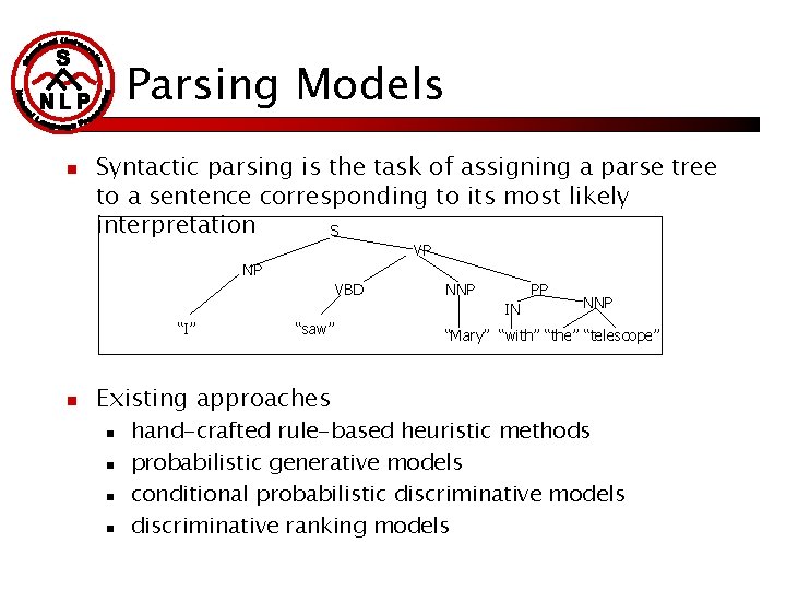 Parsing Models n Syntactic parsing is the task of assigning a parse tree to