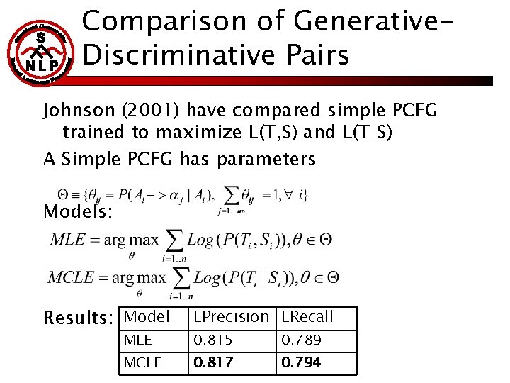 Comparison of Generative. Discriminative Pairs Johnson (2001) have compared simple PCFG trained to maximize