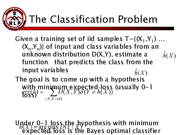 The Classification Problem Given a training set of iid samples T={(X 1, Y 1)