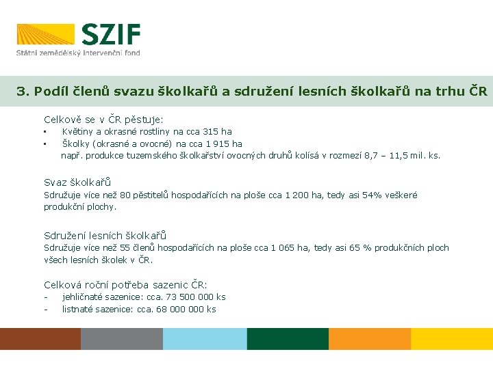 3. Podíl členů svazu školkařů a sdružení lesních školkařů na trhu ČR Celkově se