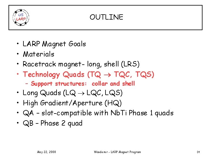 OUTLINE • • LARP Magnet Goals Materials Racetrack magnet- long, shell (LRS) Technology Quads