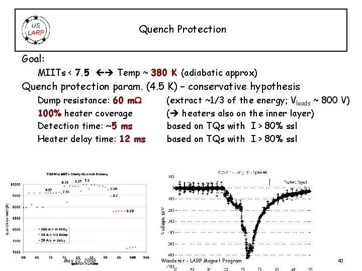 Quench Protection Goal: MIITs < 7. 5 Temp ~ 380 K (adiabatic approx) Quench
