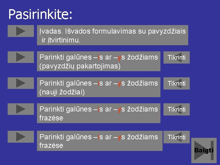 Pasirinkite: Įvadas. Išvados formulavimas su pavyzdžiais ir įtvirtinimu. Parinkti galūnes –is ar –ys žodžiams Pasirinkite: Įvadas. Išvados formulavimas su pavyzdžiais ir įtvirtinimu. Parinkti galūnes –is ar –ys žodžiams