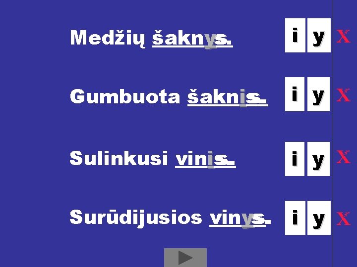 Medžių šakn_s. ys i y Gumbuota šakn_s. is. i y Sulinkusi vin_s. is. i