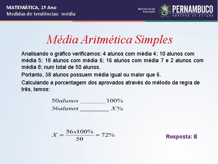 MATEMÁTICA, 1º Ano Medidas de tendências: média Média Aritmética Simples Analisando o gráfico verificamos: