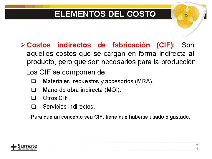 ELEMENTOS DEL COSTO Ø Costos indirectos de fabricación (CIF): Son aquellos costos que se