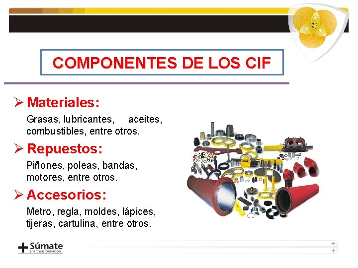 COMPONENTES DE LOS CIF Ø Materiales: Grasas, lubricantes, aceites, combustibles, entre otros. Ø Repuestos: