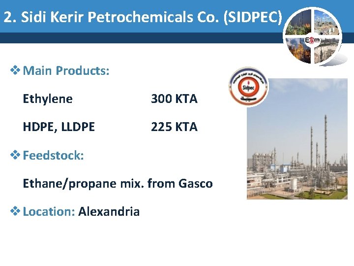 2. Sidi Kerir Petrochemicals Co. (SIDPEC) v Main Products: Ethylene 300 KTA HDPE, LLDPE