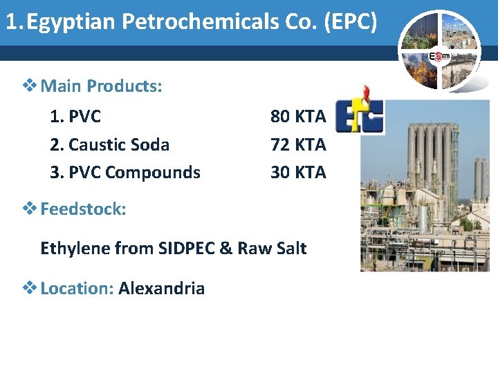 1. Egyptian Petrochemicals Co. (EPC) v Main Products: 1. PVC 2. Caustic Soda 3.
