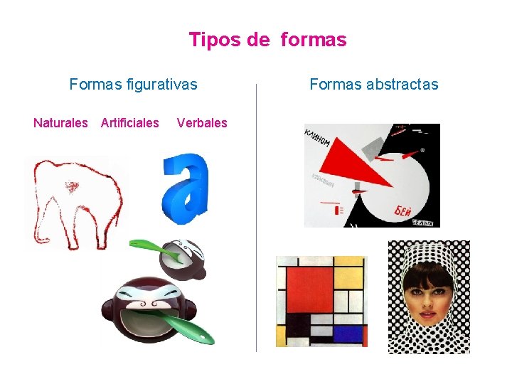 Tipos de formas Formas figurativas Naturales Artificiales Verbales Formas abstractas 