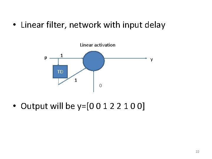 • Linear filter, network with input delay Linear activation p 1 y TD