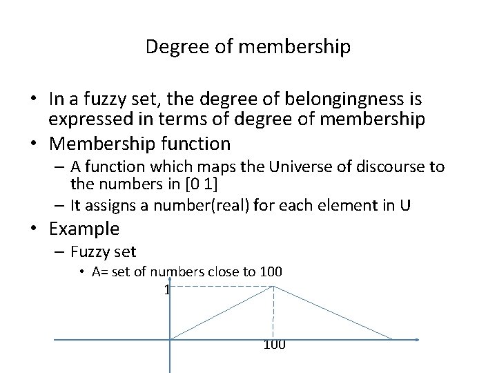 Degree of membership • In a fuzzy set, the degree of belongingness is expressed