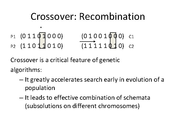 Crossover: Recombination * P 1 P 2 (0 1 1 0 0 0) (1