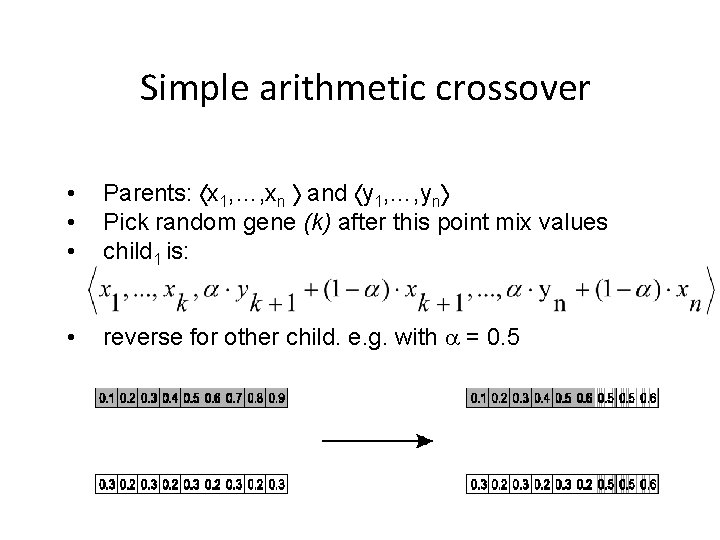 Simple arithmetic crossover • • • Parents: x 1, …, xn and y 1,