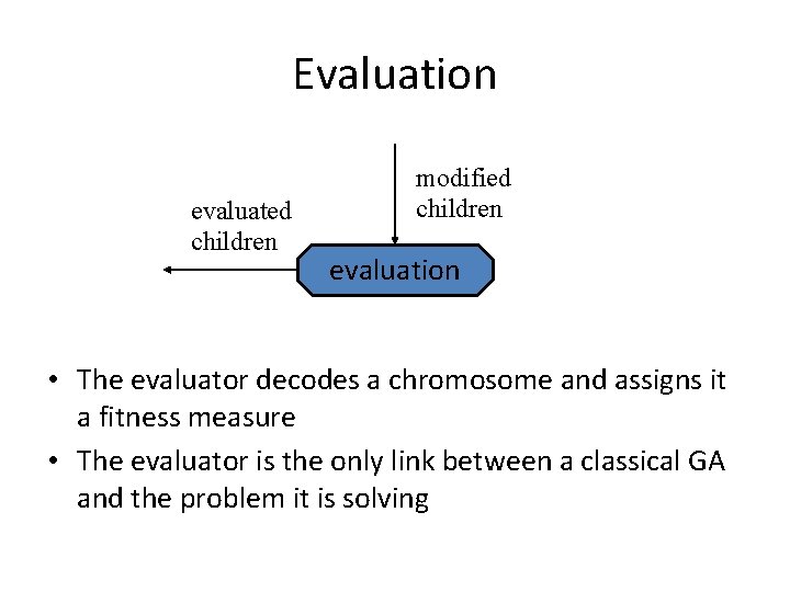 Evaluation evaluated children modified children evaluation • The evaluator decodes a chromosome and assigns
