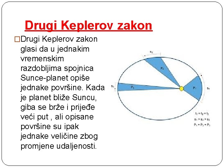 Drugi Keplerov zakon �Drugi Keplerov zakon glasi da u jednakim vremenskim razdobljima spojnica Sunce-planet