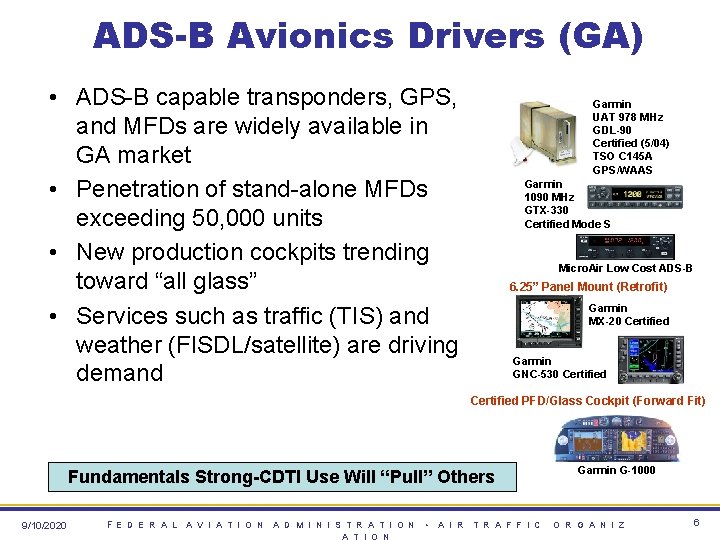 ADS-B Avionics Drivers (GA) • ADS-B capable transponders, GPS, and MFDs are widely available