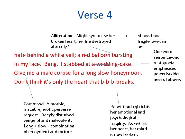 Verse 4 Alliteration. Might symbolise her broken heart, her life destroyed abruptly? + Shows