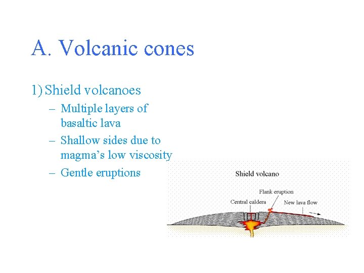 A. Volcanic cones 1) Shield volcanoes – Multiple layers of basaltic lava – Shallow