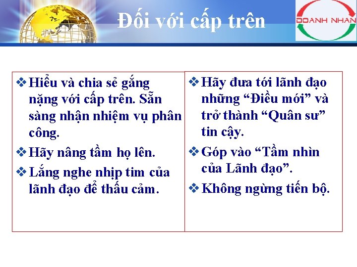 Đối với cấp trên LOGO v Hãy đưa tới lãnh đạo v Hiểu và