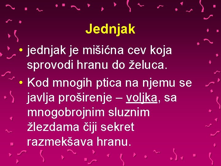 Jednjak • jednjak je mišićna cev koja sprovodi hranu do želuca. • Kod mnogih