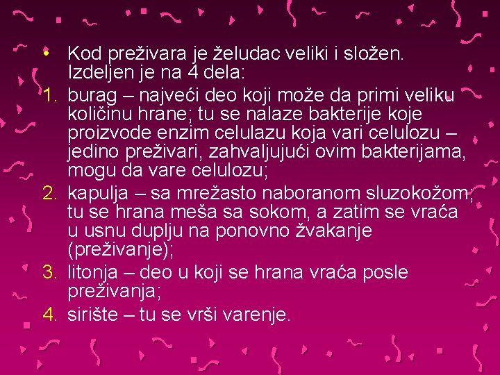  • Kod preživara je želudac veliki i složen. Izdeljen je na 4 dela: