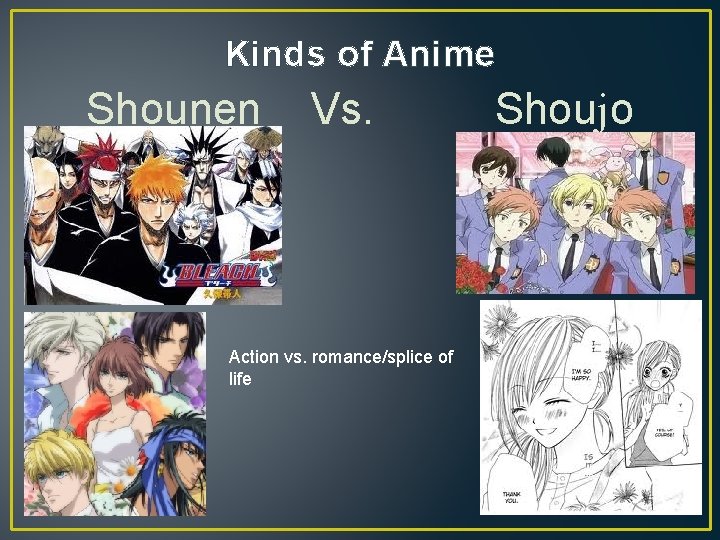 Kinds of Anime Shounen Vs. Action vs. romance/splice of life Shoujo 