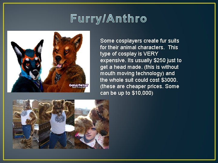 Some cosplayers create fur suits for their animal characters. This type of cosplay is