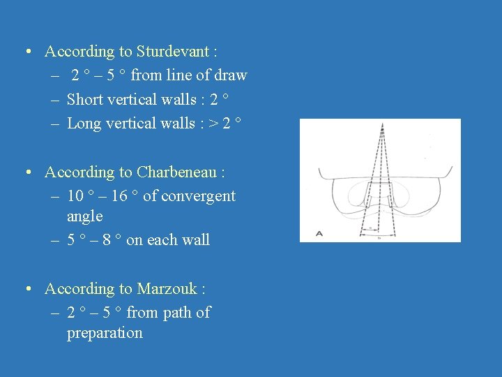  • According to Sturdevant : – 2 ° – 5 ° from line