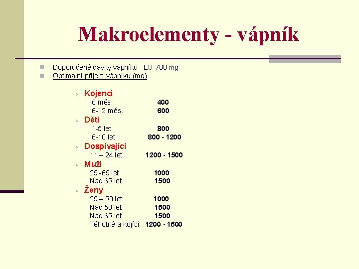 Makroelementy - vápník n n Doporučené dávky vápníku - EU 700 mg Optimální příjem