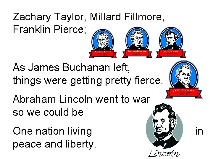 Zachary Taylor, Millard Fillmore, Franklin Pierce; As James Buchanan left, things were getting pretty