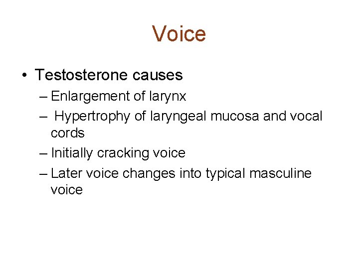 Voice • Testosterone causes – Enlargement of larynx – Hypertrophy of laryngeal mucosa and