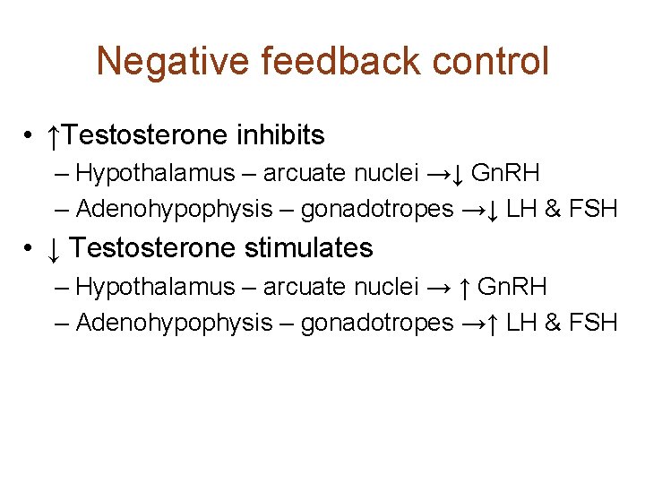 Negative feedback control • ↑Testosterone inhibits – Hypothalamus – arcuate nuclei →↓ Gn. RH