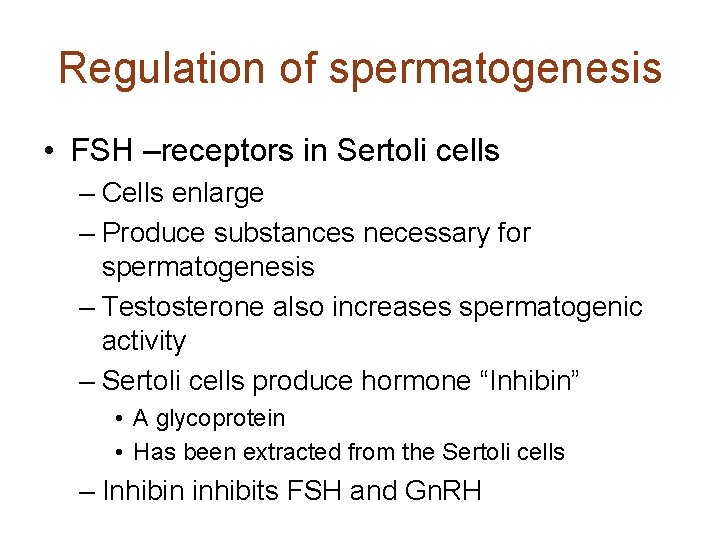 Regulation of spermatogenesis • FSH –receptors in Sertoli cells – Cells enlarge – Produce