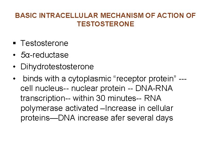 BASIC INTRACELLULAR MECHANISM OF ACTION OF TESTOSTERONE § • • • Testosterone 5α-reductase Dihydrotestosterone