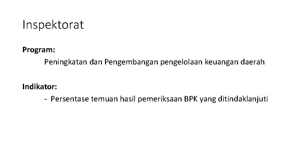 Inspektorat Program: Peningkatan dan Pengembangan pengelolaan keuangan daerah Indikator: - Persentase temuan hasil pemeriksaan