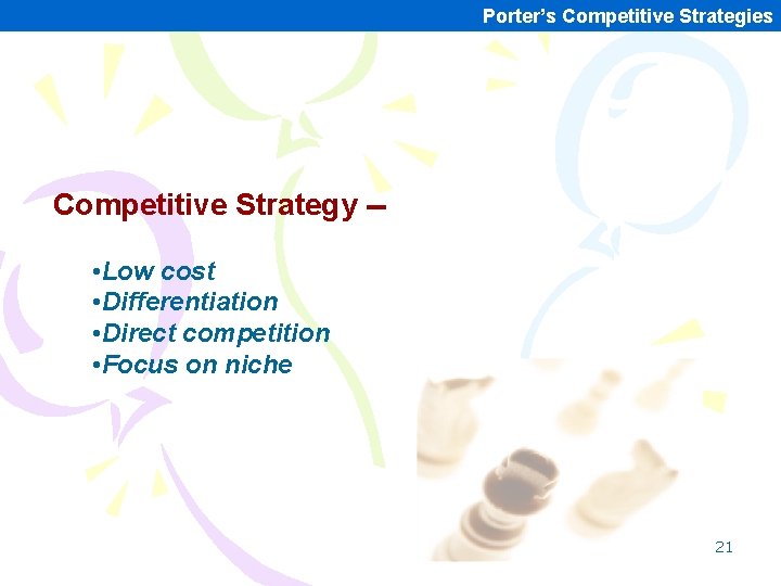 Porter’s Competitive Strategies Competitive Strategy - • Low cost • Differentiation • Direct competition Porter’s Competitive Strategies Competitive Strategy - • Low cost • Differentiation • Direct competition