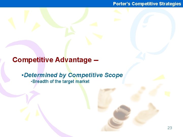Porter’s Competitive Strategies Competitive Advantage - • Determined by Competitive Scope • Breadth of Porter’s Competitive Strategies Competitive Advantage - • Determined by Competitive Scope • Breadth of