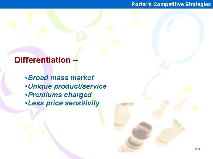 Porter’s Competitive Strategies Differentiation – • Broad mass market • Unique product/service • Premiums Porter’s Competitive Strategies Differentiation – • Broad mass market • Unique product/service • Premiums