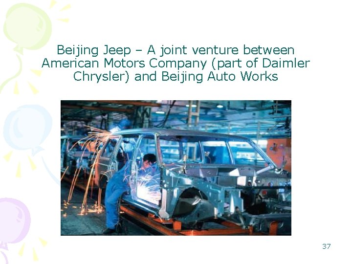 Beijing Jeep – A joint venture between American Motors Company (part of Daimler Chrysler) Beijing Jeep – A joint venture between American Motors Company (part of Daimler Chrysler)
