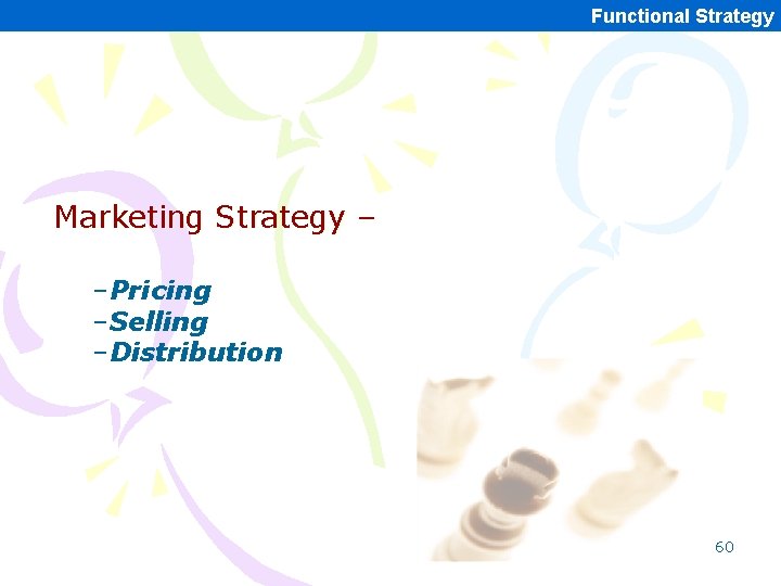 Functional Strategy Marketing Strategy – –Pricing –Selling –Distribution 60 Functional Strategy Marketing Strategy – –Pricing –Selling –Distribution 60