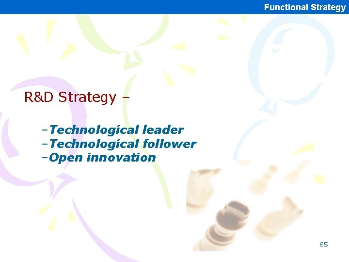 Functional Strategy R&D Strategy – –Technological leader –Technological follower –Open innovation 65 Functional Strategy R&D Strategy – –Technological leader –Technological follower –Open innovation 65