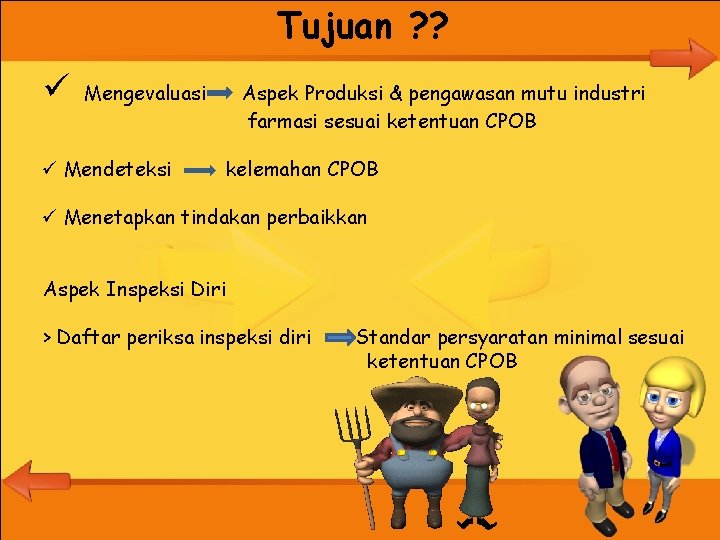 Tujuan ? ? ü Mengevaluasi ü Mendeteksi Aspek Produksi & pengawasan mutu industri farmasi