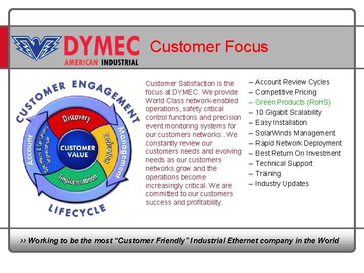  Customer Focus Customer Satisfaction is the focus at DYMEC. We provide World Class