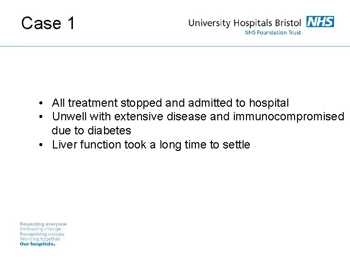 Case 1 • All treatment stopped and admitted to hospital • Unwell with extensive