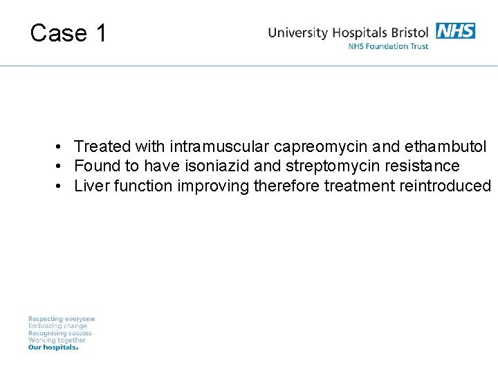 Case 1 • Treated with intramuscular capreomycin and ethambutol • Found to have isoniazid