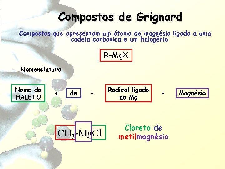 Compostos de Grignard Compostos que apresentam um átomo de magnésio ligado a uma cadeia