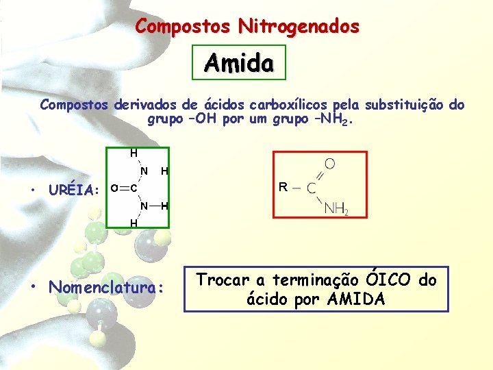 Compostos Nitrogenados Amida Compostos derivados de ácidos carboxílicos pela substituição do grupo –OH por