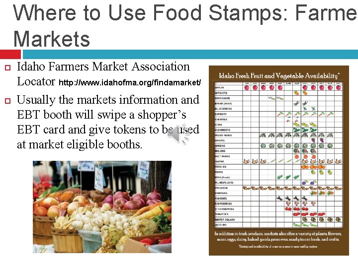 Where to Use Food Stamps: Farmer Markets Idaho Farmers Market Association Locator http: //www.